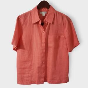 Coldwater Creek Linen Boxy Button Up Camp Shirt Coral Size Small Petite Casual